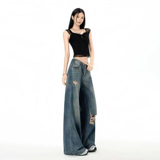 Americano quente menina cintura baixa perna larga Jeans feminino 2026 verão novo estilo solto mais magro olhar All-Match