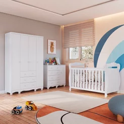 Quarto de Bebê Completo Berço 3 em 1, Cômoda e Guarda Roupa 100% MDF Nina Espresso Móveis Branco Branco Brilho