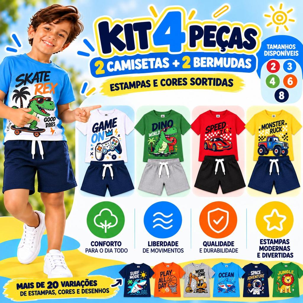 Kit 2 Conjuntos Masculino Infantil Verão 4 Peças Camisetas 100% Algodão Bermudas Confortáveis Estampas Sortidas