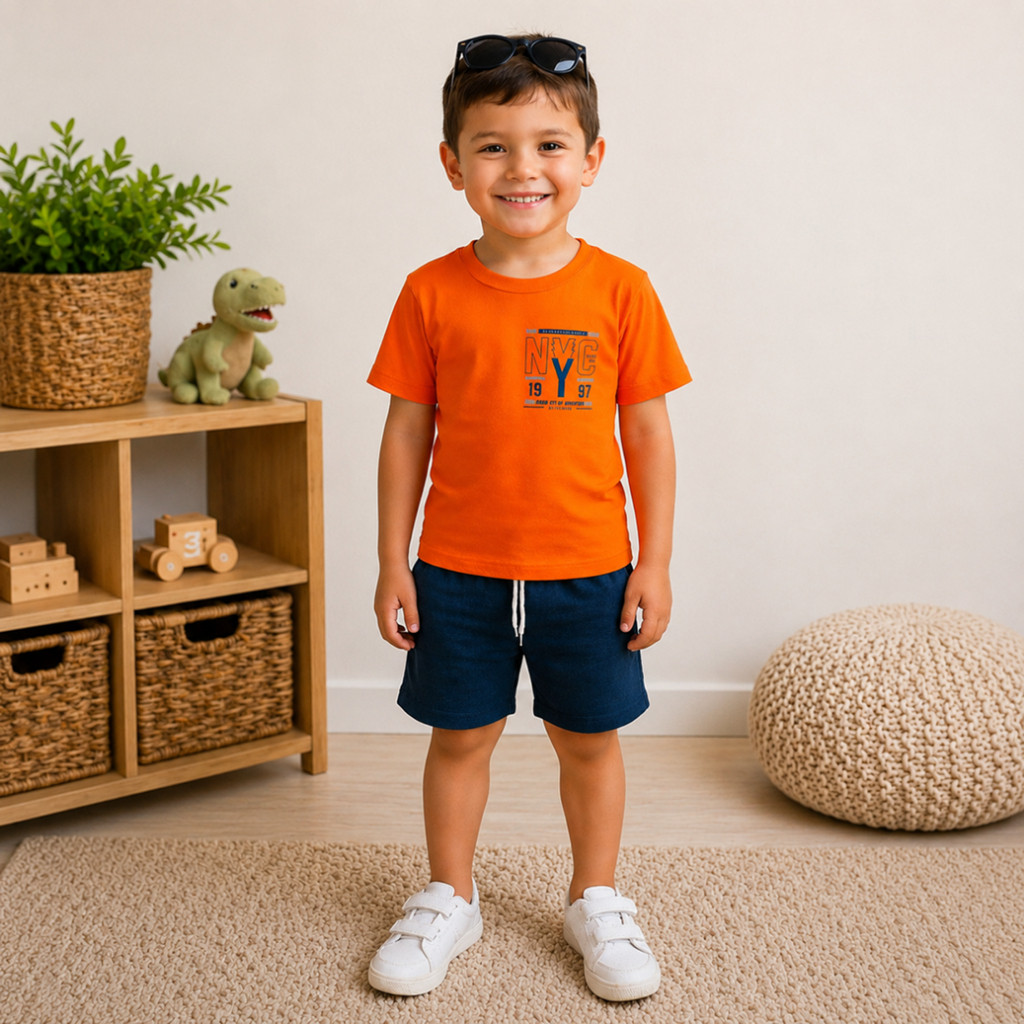 Conjunto Infantil Menino | Camiseta em Malha Algodão Com Estampa Frontal e Bermuda em Moletinho C/Cadarço Fake