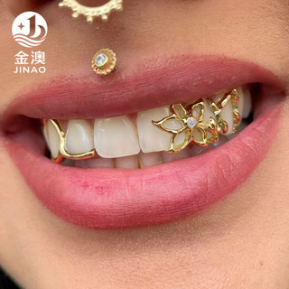 Dentes de ouro duplos com design floral vazado, estilo moderno e personalizado, para Halloween, dente descolado WUMW