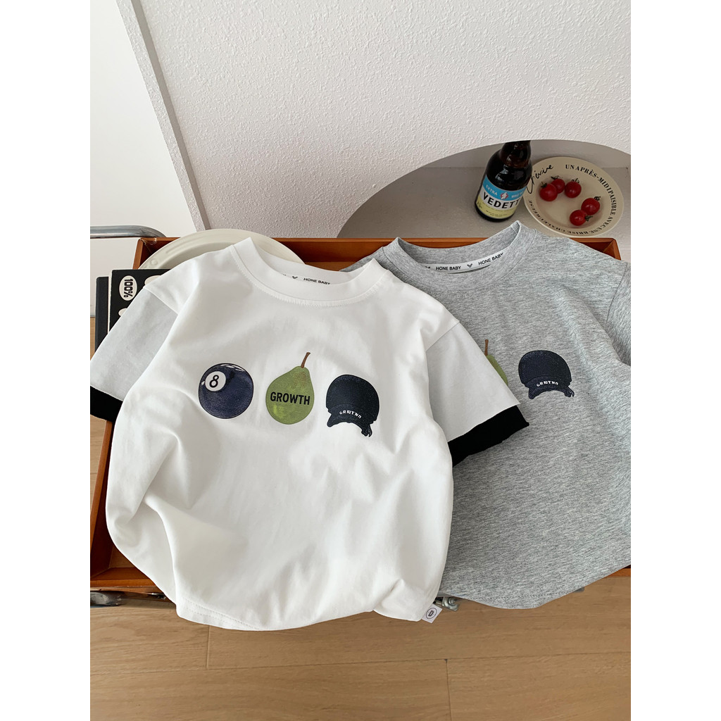 Meninos verão puro algodão de manga curta camiseta crianças falso de duas peças em torno do pescoço dos desenhos animado