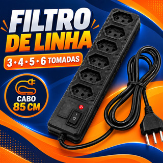 Filtro de Linha de 3 4 5 6 Tomadas Preto 85cm com Chave e Fusível