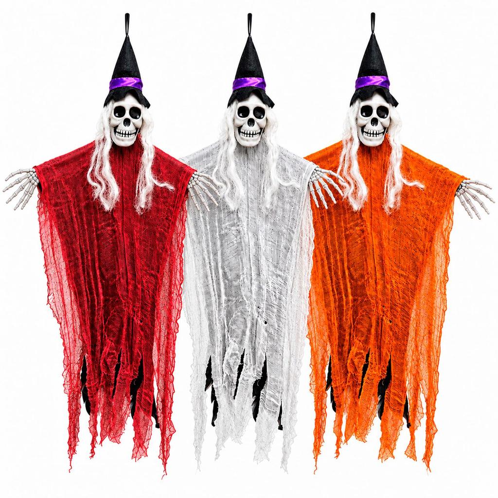 Fantasma de Halloween Bruxa Caveira Com Chapéu Gigante 110 cm