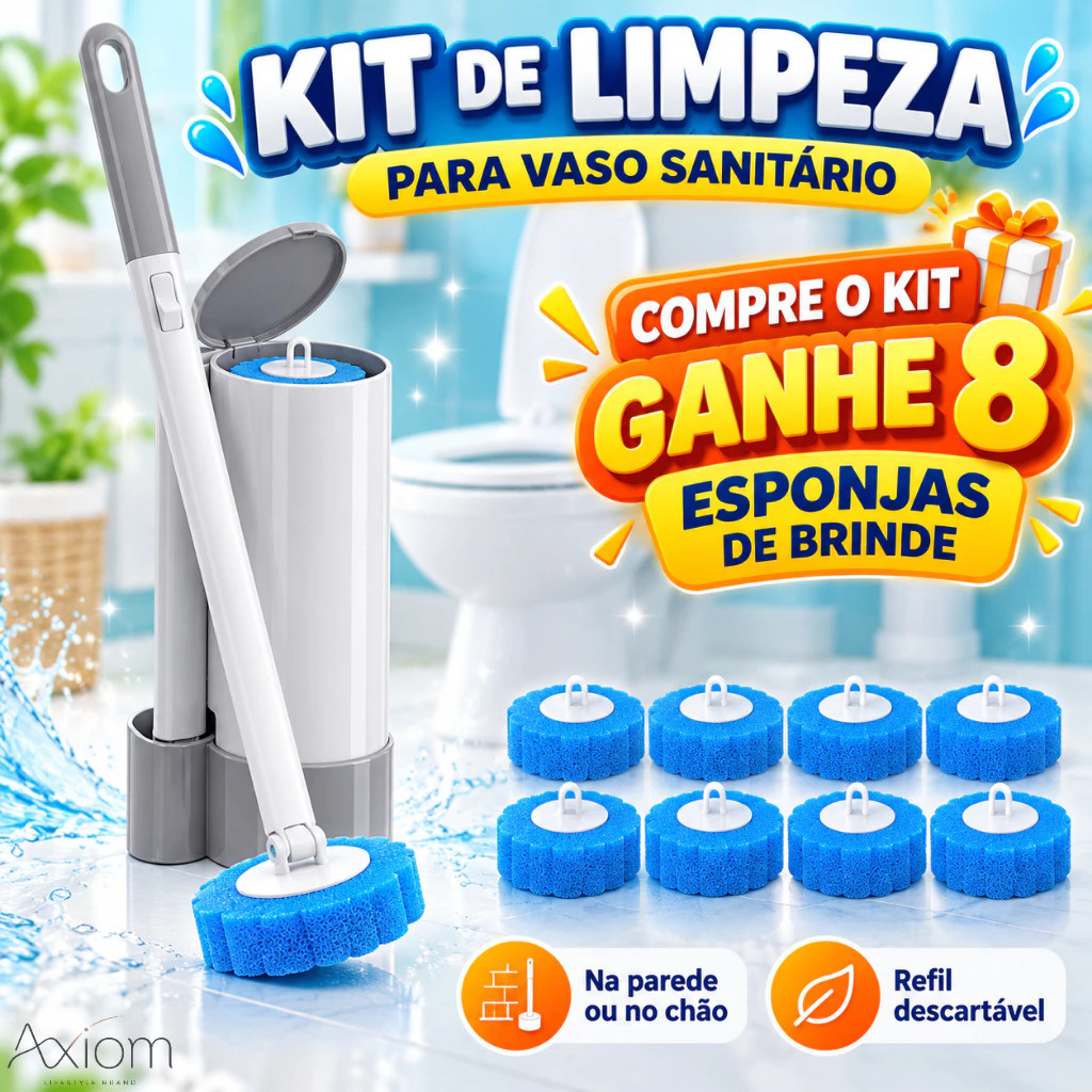 Kit Escova Com Base No Parede Ou Chão Com 8 Esponja Descartável Kit Limpeza Banheiro Vaso Sanitário