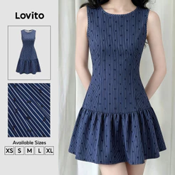 Lovito Vestido Elegante com Padrão de Linhas Vestido Azul Escuro Primavera/verão para mulheres DRK9P2D371