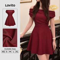 (New Arrival) Lovito Vestido Preto Casual Feminino Curto assimétrico Plissado Linha a primavera/verão Fim De Semana DRK10P1D970