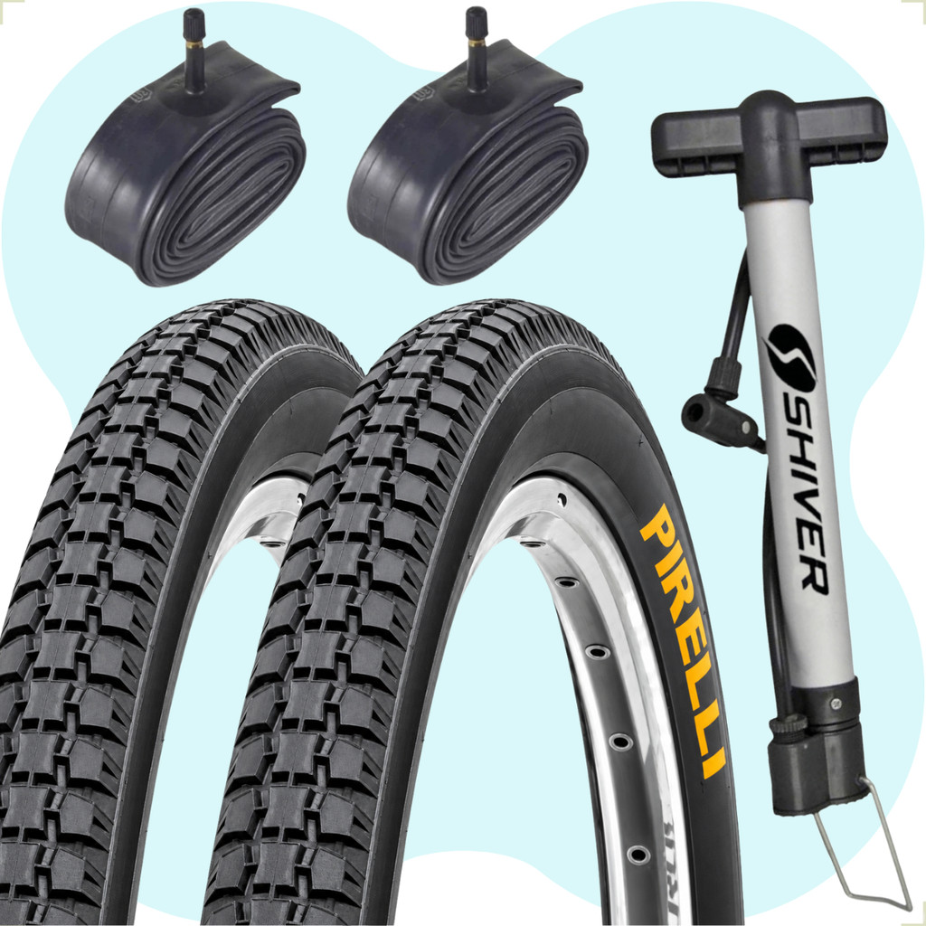 PAR PNEU 26 X 1.1 / 2X2 PRIMOR PIRELLI + PAR CAMARA + BOMBA MANUAL SHIVER MONARK CALOI TROPICAL