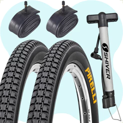 PAR PNEU 26 X 1.1 / 2X2 PRIMOR PIRELLI + PAR CAMARA + BOMBA MANUAL SHIVER MONARK CALOI TROPICAL