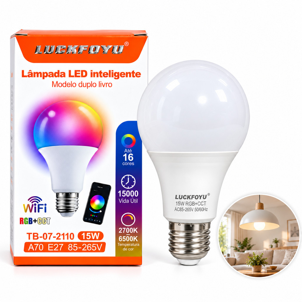 Lâmpada Smart WiFi 15W RGB E27 Luz Colorida e Branco Quente e Frio Ajustável Kit com 1 ou 2 Unidades