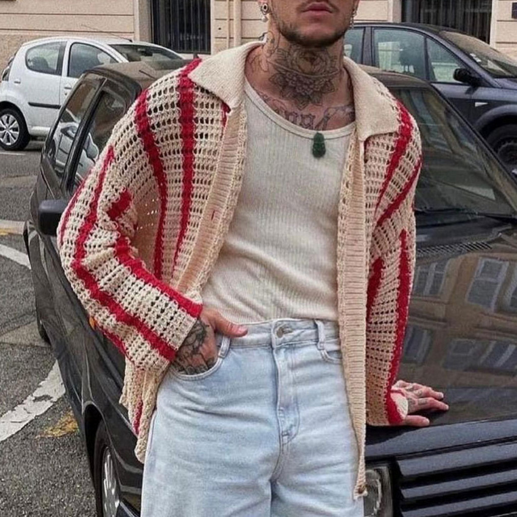 Men Striped Cardigan Loose Fit Shirt Men’s Fall Spring Knitted Hollow Out Patchwork Coat Turn-down Collar Single-breas