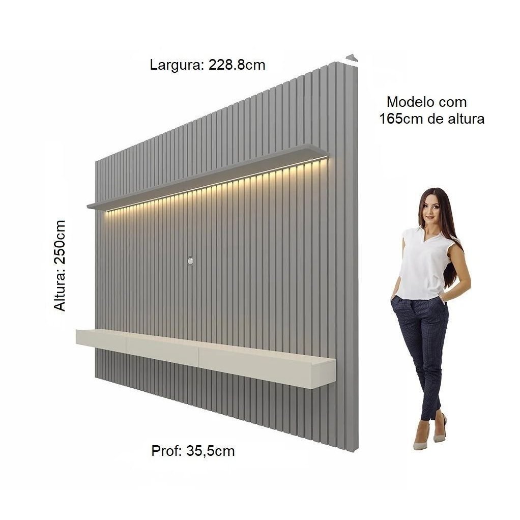 Rack com Painel para TV até 90 Polegadas 100% MDF Ripado com LED e 3 Gavetas 250CMX228.8cm Nobre Cinza Cinza/Off White · foto 2