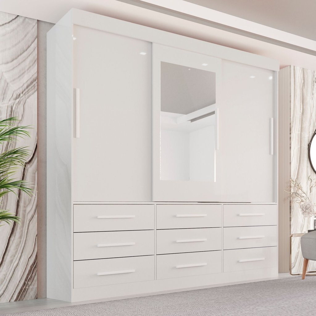 Guarda-Roupa Casal 3 Portas 9 Gavetas com Espelho Luana Branco Branco