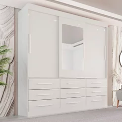 Guarda-Roupa Casal 3 Portas 9 Gavetas com Espelho Luana Branco Branco
