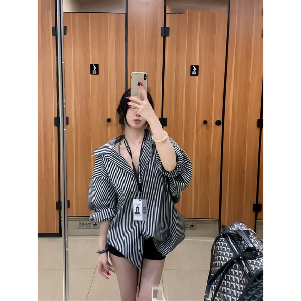Coreano Retro solto listrado camisa de manga comprida feminina verão fino solto preguiçoso estilo Preppy Casual protetor