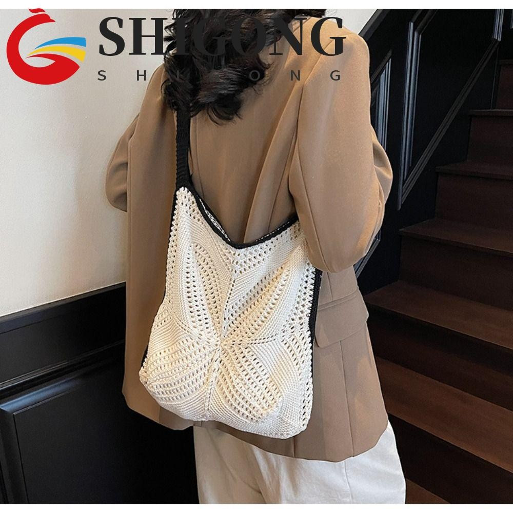 SHIGONG Bolsa De Crochê , Transversal De Malha Boho Oca , Sacola De Lazer De Grande Capacidade Feita À Mão Para Viagem