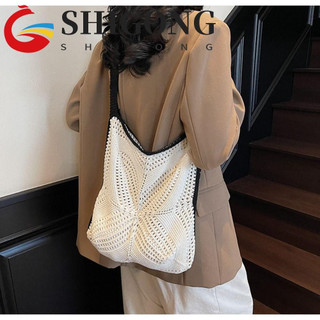 SHIGONG Bolsa De Crochê , Transversal De Malha Boho Oca , Sacola De Lazer De Grande Capacidade Feita À Mão Para Viagem