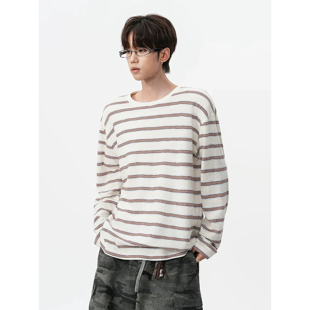 Americano Retro contraste cor listrado em torno do pescoço de manga comprida camiseta masculina primavera outono High-En