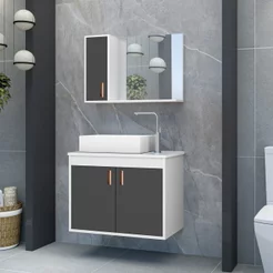 Gabinete para Banheiro com Cuba de Sobrepor e Espelheira 60cm Clean Branco/Grafite Branco/Grafite