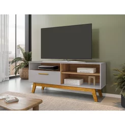 Rack Retrô para TV até 55 Polegadas 136cm Pés em Madeira Maciça Paládio Branco Off White/Cinamomo