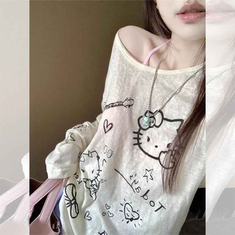 Ombro oblíquo preguiçoso kt gato dos desenhos animados impressão fina manga comprida camiseta feminina primavera verão a