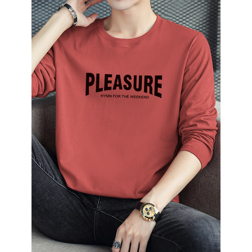 Camiseta de algodão puro masculina de manga comprida solta roupas superiores na moda carta impressa camiseta adolescente