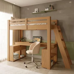 Cama Alta Beliche Office Star Light com Escada Inclinada Marrom/Freijó Freijó
