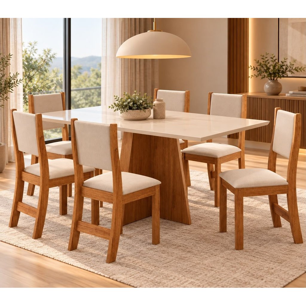 Conjunto de Jantar Mesa Retangular Jacarta com 6 Cadeiras Sol Bege/Mel/Blonde/Marfim Mel/Blonde/Marfim