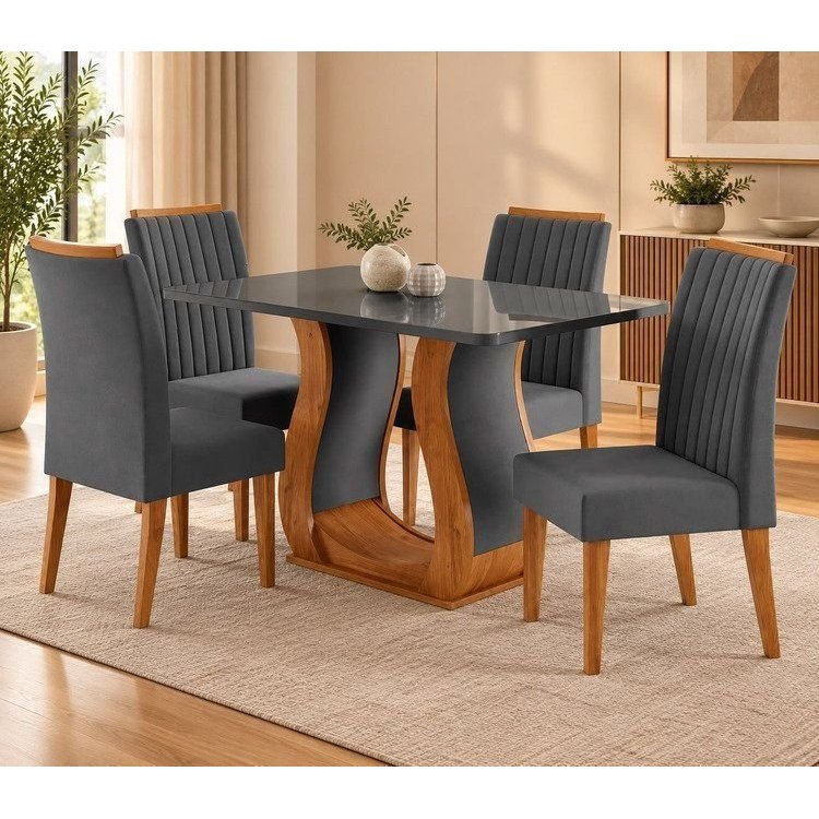 Conjunto Sala de Jantar Mesa 120x80cm Tampo com Vidro 4 Cadeiras Inspirare Yescasa Cinza/Mel Mel/Cinza
