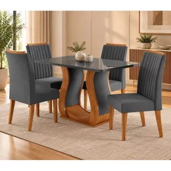 Conjunto Sala de Jantar Mesa 120x80cm Tampo com Vidro 4 Cadeiras Inspirare Yescasa Cinza/Mel Mel/Cinza