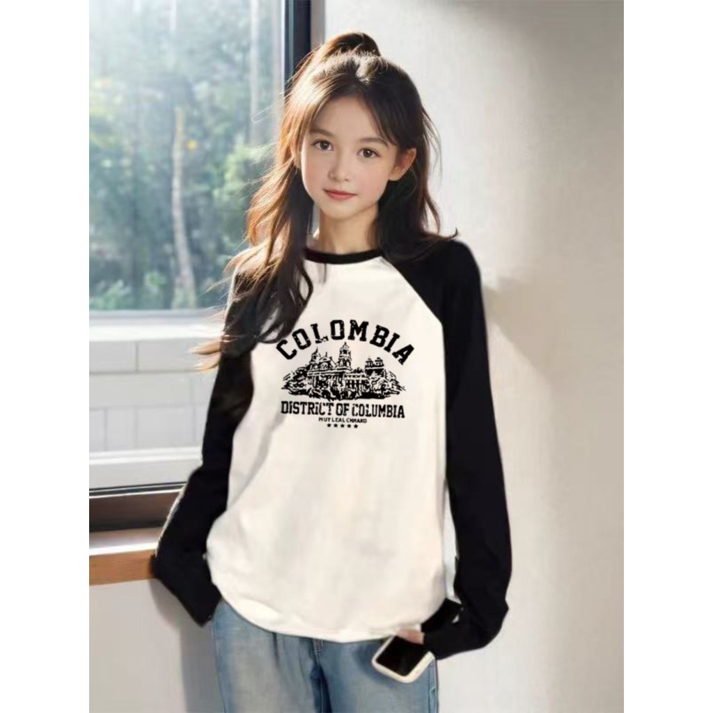 Meninas outono inverno cor-bloqueando algodão puro manga comprida camiseta início do outono grandes crianças camisa de f