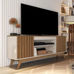 Rack Ripado Retrô para TV até 60 Polegadas MDF 160cm Pés em Madeira Maciça Malibu Wood Bege Off White/Freijó