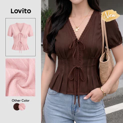 (New Arrival) Lovito Blusa Marrom Casual Feminina Manga Curta Decote V Babados Renda Pregas primavera/verão Fim De Semana Bordado BLB204P1D297