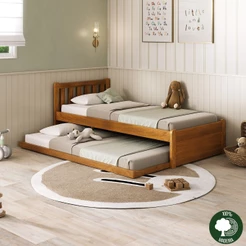 Bicama de Solteiro com Cama Auxiliar em Madeira Maciça Marrom Talinha Mogno Mel