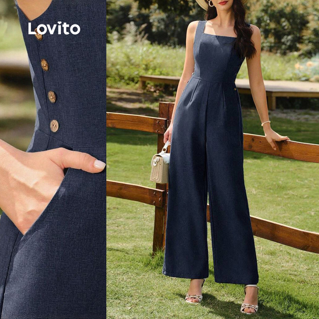 (NEW) Lovito Macacão Casual de Botões com Linha de Estrutura para Primavera/verão Macacão azul-marinho L155AD1555 em Oferta na Shopee