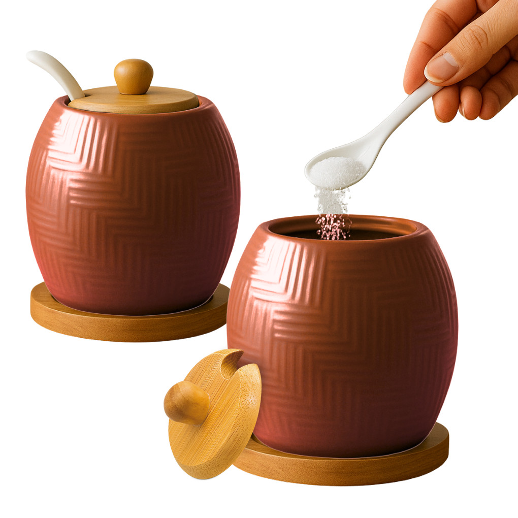 Pote Tempero Açucareiro De Cerâmica Com Bandeja De Bambu E Colher Oásis  250ml