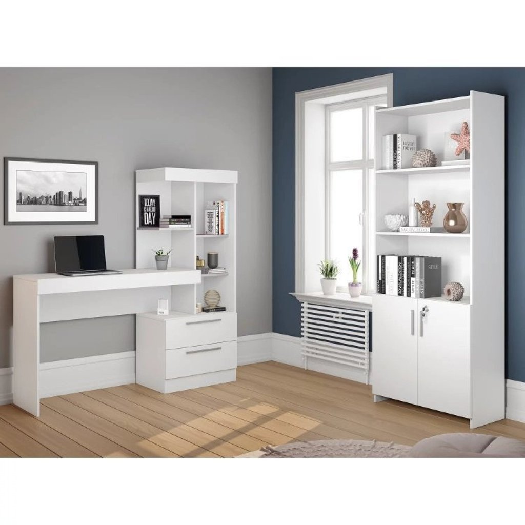 Kit 2 Peças 1 Escrivaninha com Estante 1 Armário 2 Portas Espresso Móveis Branco em Oferta na Shopee