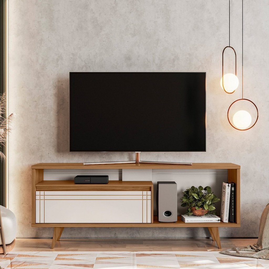 Rack para TV até 60 Polegadas 163,4cm Nt1315 Porta Basculante Frisado Marrom Freijó Trend/Off White Freijó Trend/Off