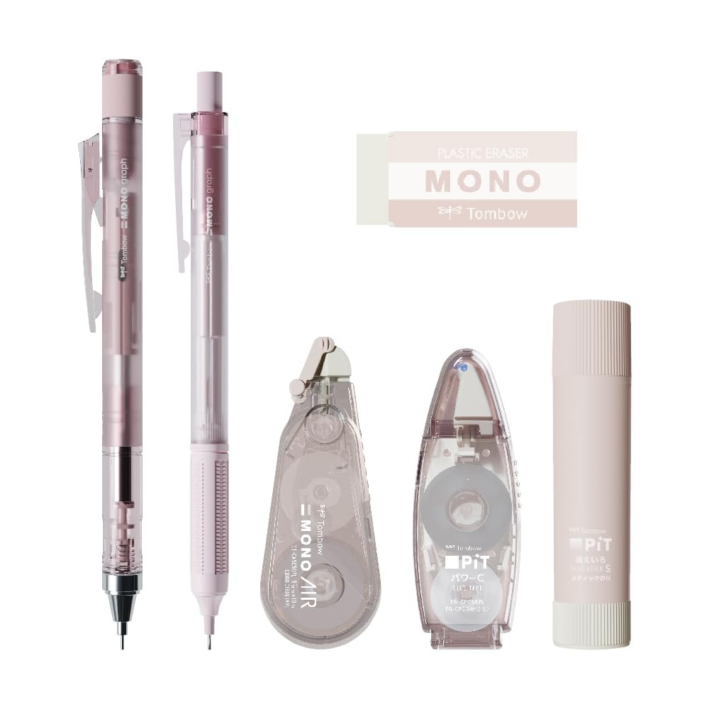 Conjunto de materiais de escritório Tratto MONO × PiT Pastel Glass Rosa 6 peças (2 lápis mecânicos 0,5mm, borracha, col