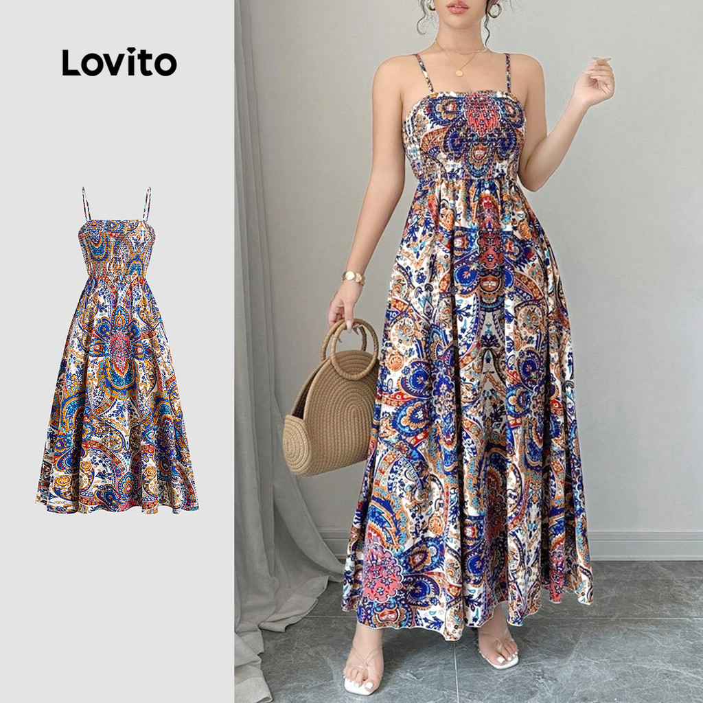 Lovito Vestido Boho Franzido de Estilo Nacional Primavera/verão para Mulheres L138ED206 em Oferta na Shopee