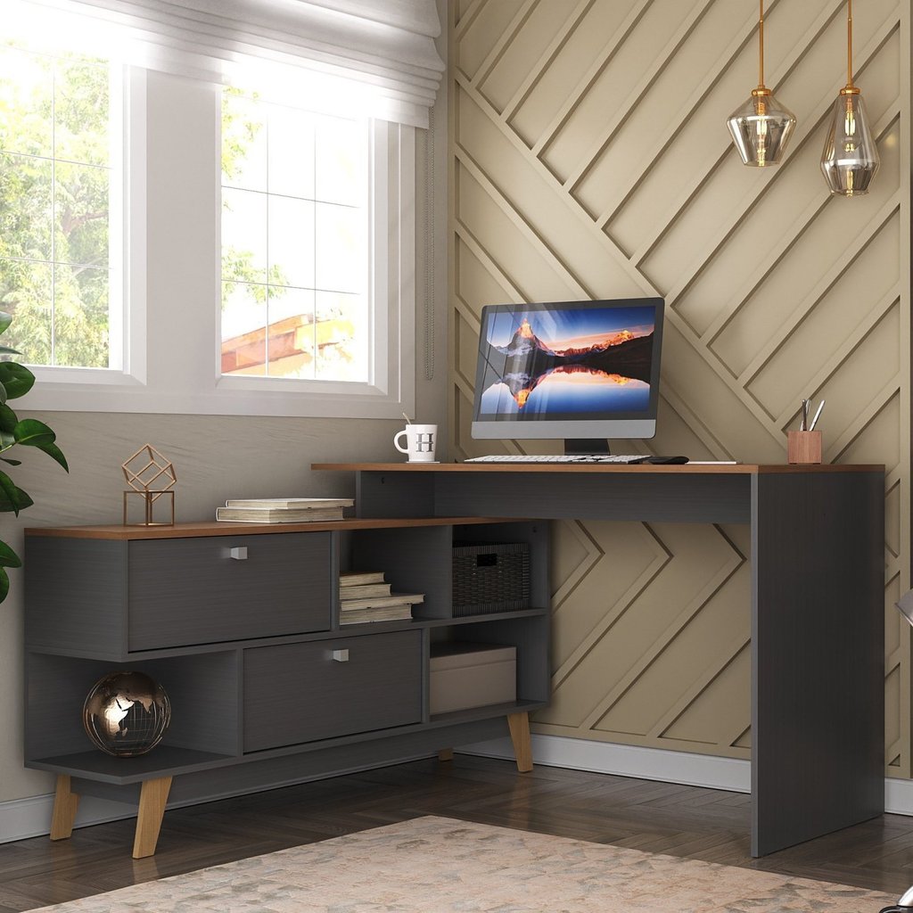 Mesa Escrivaninha em L 120x136cm Retrô 2 Portas Pés Madeira Maciça Nogal/Grafite em Oferta na Shopee