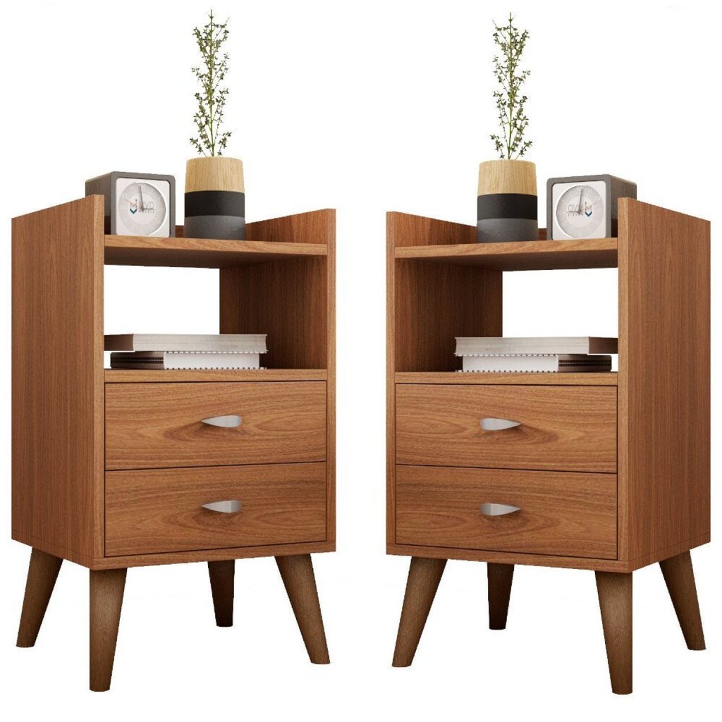 Kit 2 Mesa de Cabeceira Retrô Pés Palito em Madeira Maciça 2 Gavetas e Prateleira Freijó em Oferta na Shopee