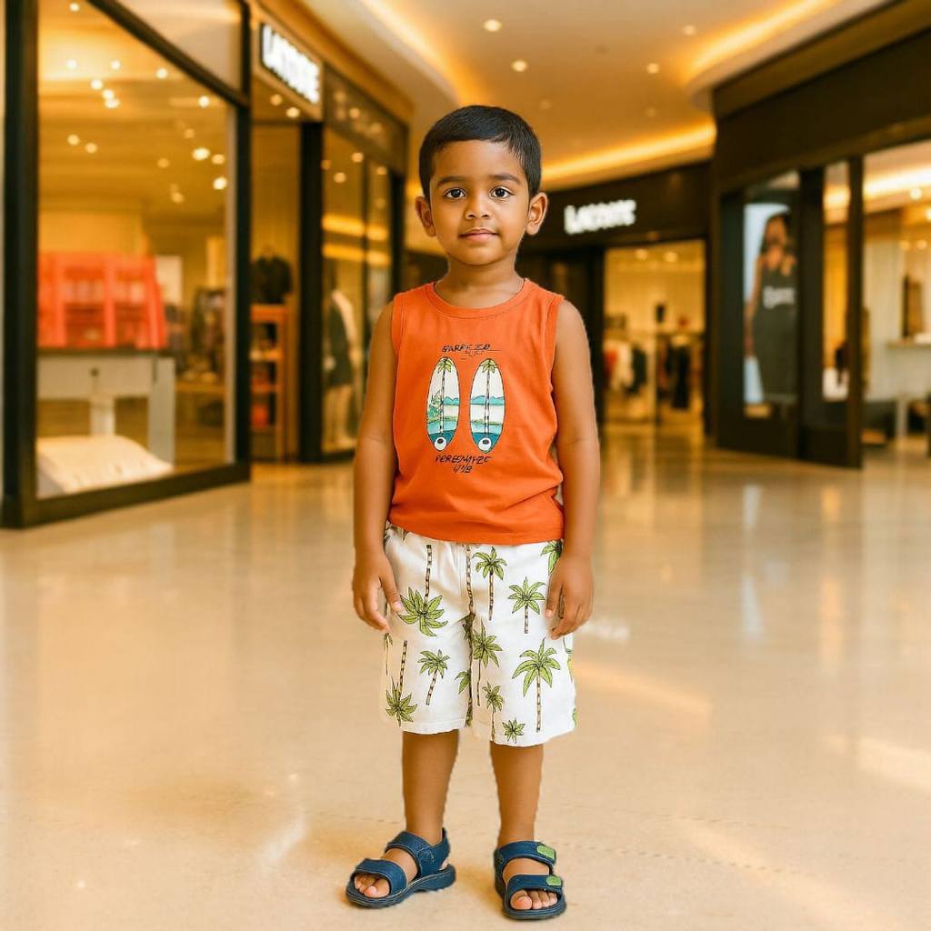 Conj, de bermuda estampada e camiseta regata summer beach