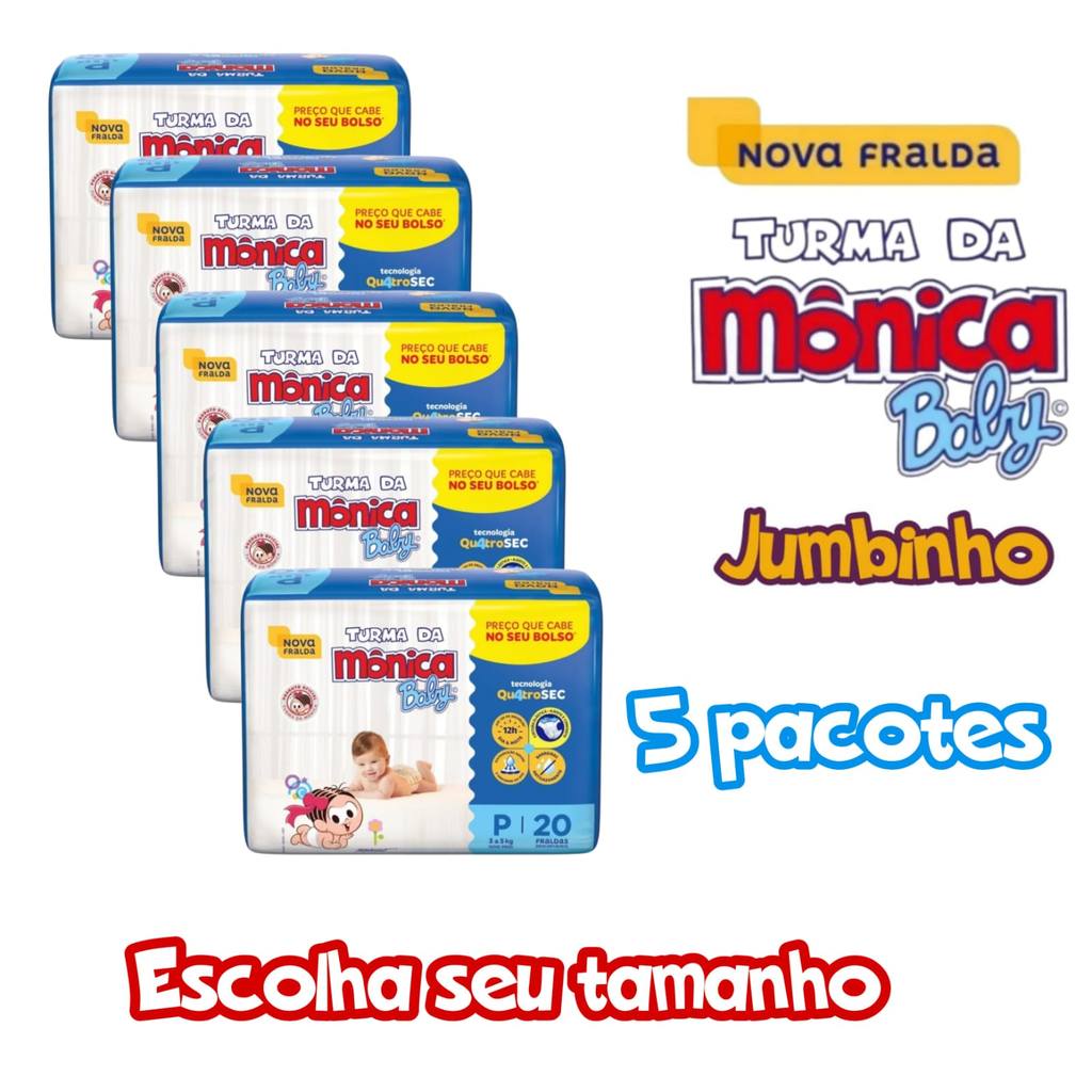 Kit C/5 Pacotes de Fralda Turma Da Monica  Jumbinho RN,P,M,G em Oferta na Shopee