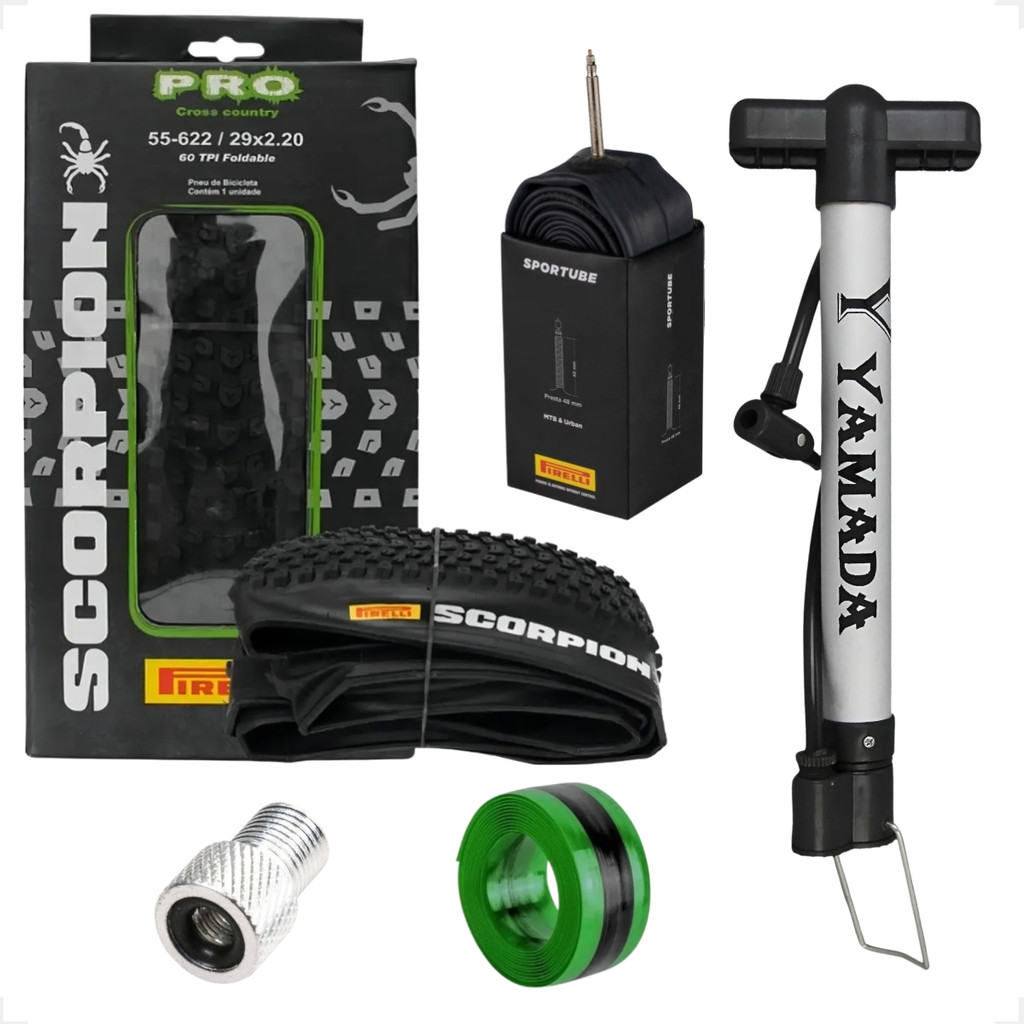 Pneu Pirelli Scorpion aro 29 x 2.20 Camara 29 sportube Adaptador Valvula Fita anti furo Bomba manual