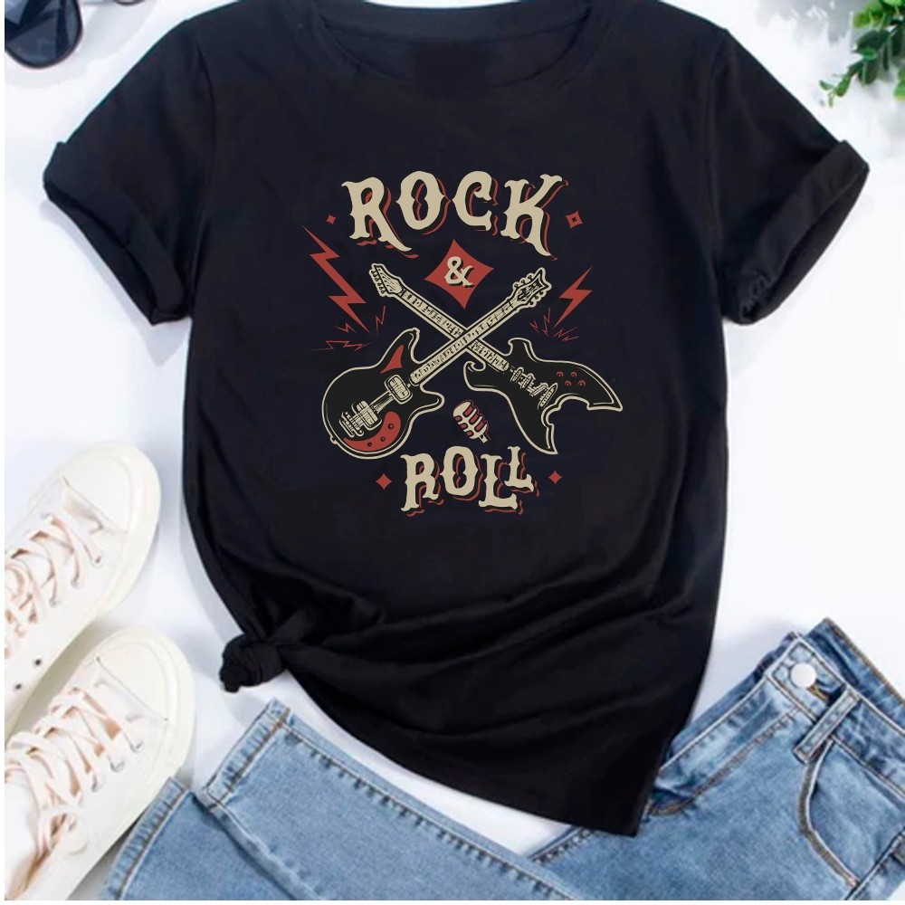 Camiseta Feminina Basica Estilosa Rock And Roll Moda Unissex Premium Confortavel Estampada em Oferta na Shopee