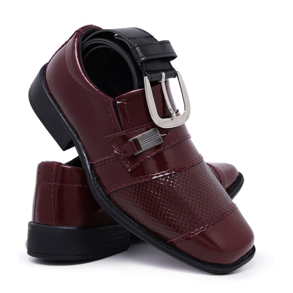Kit Sapato Social Infantil Masculino Cinto Bordô Pajem Conforto Bico Quadrado