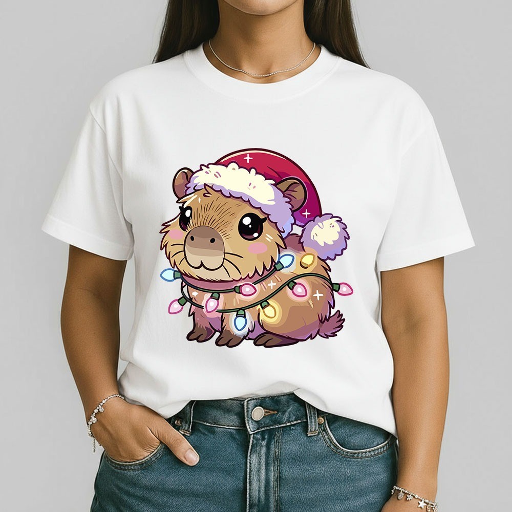 Camisa Feminina Natalina Capivara com Gorro 100% Algodão Camiseta Merry Christmas