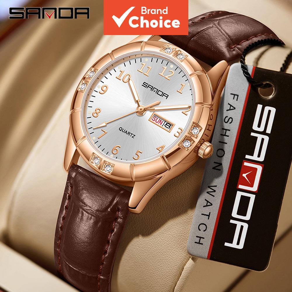 Sanda 9096 Relógio Feminino De Quartzo Mínimo Diamante 50M À Prova D'água Calendário Duplo Pulseira De Couro Elegante