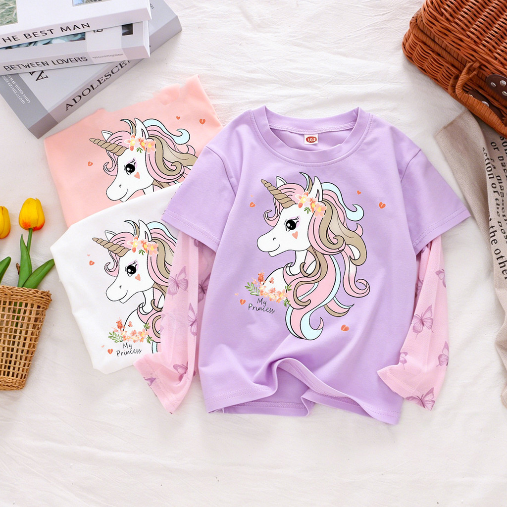Meninas protetor solar camiseta verão novo estilo crianças dos desenhos animados unicórnio estilo fino impresso costura 